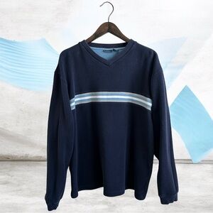 Vintage Navy Blue V-Neck Ribbed Cotton Sweater